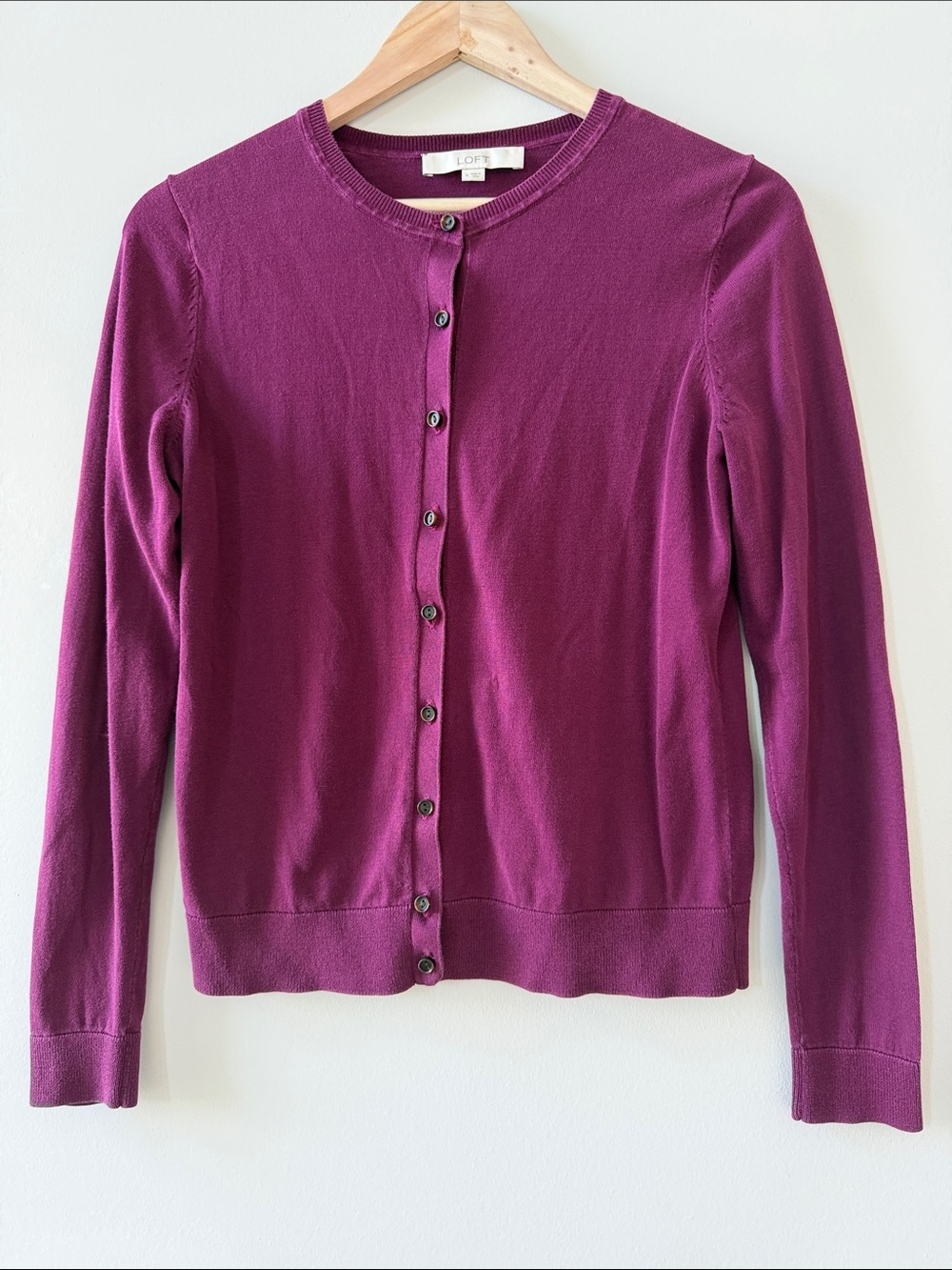 LOFT Magenta Cotton Crewneck Button Cardigan